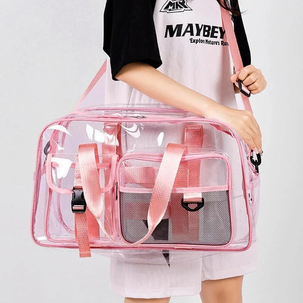 Women Clear-Pink Small Gym Carry On Weekender Travel Duffle Shoe Compartment Bag - Picture 3 of 5